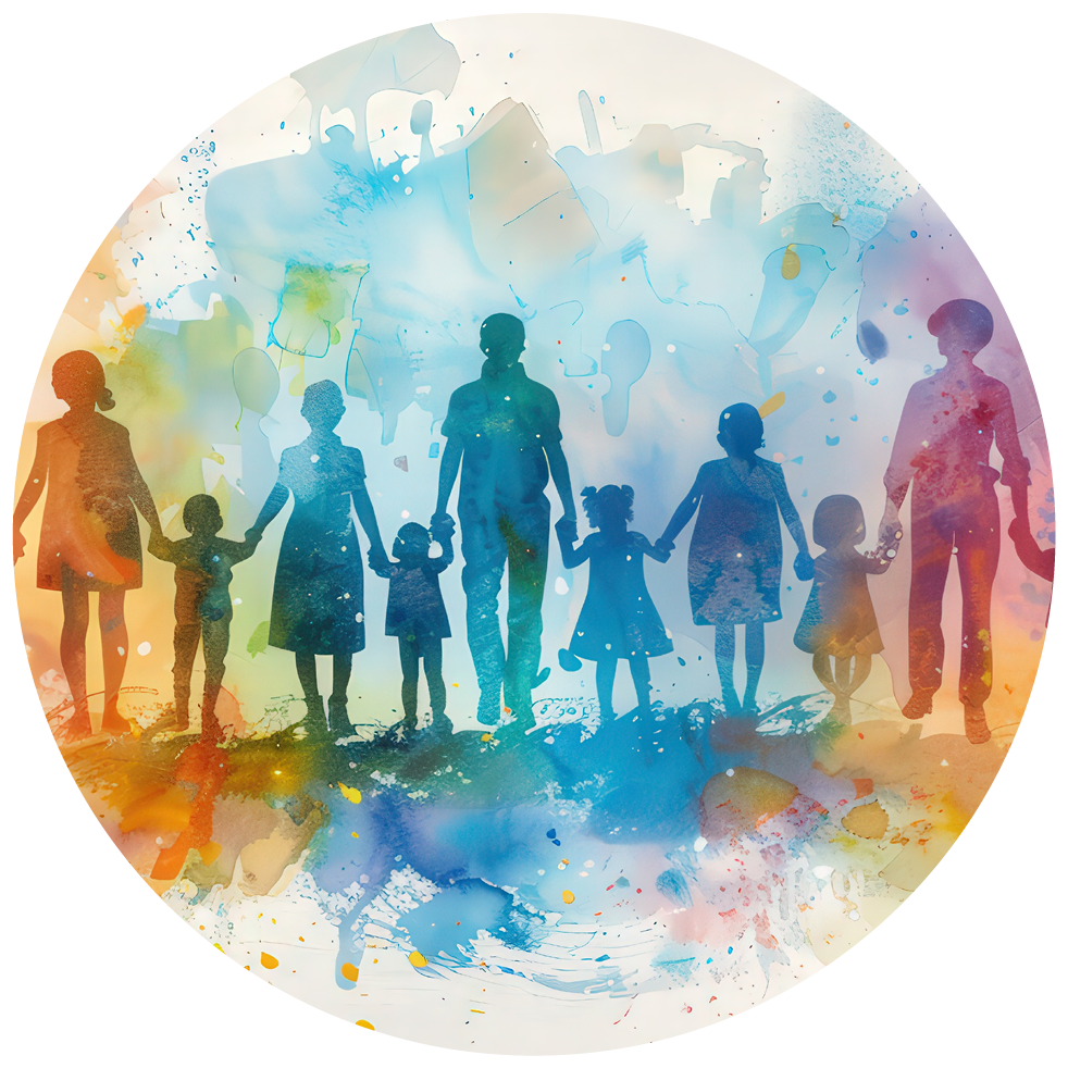 bunte Silhouette Menschenkette mit großen und kleinen Personen