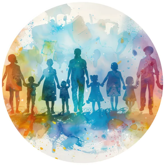 bunte Silhouette Menschenkette mit großen und kleinen Personen